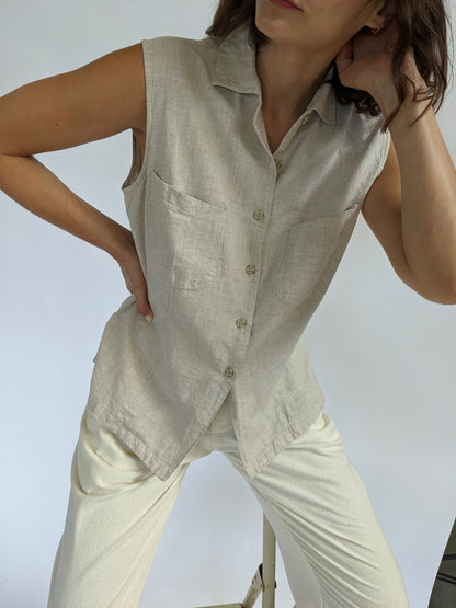 Vintage Oat Sleeveless Woven Linen Blouse