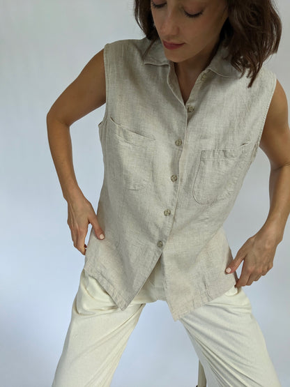 Vintage Oat Sleeveless Woven Linen Blouse