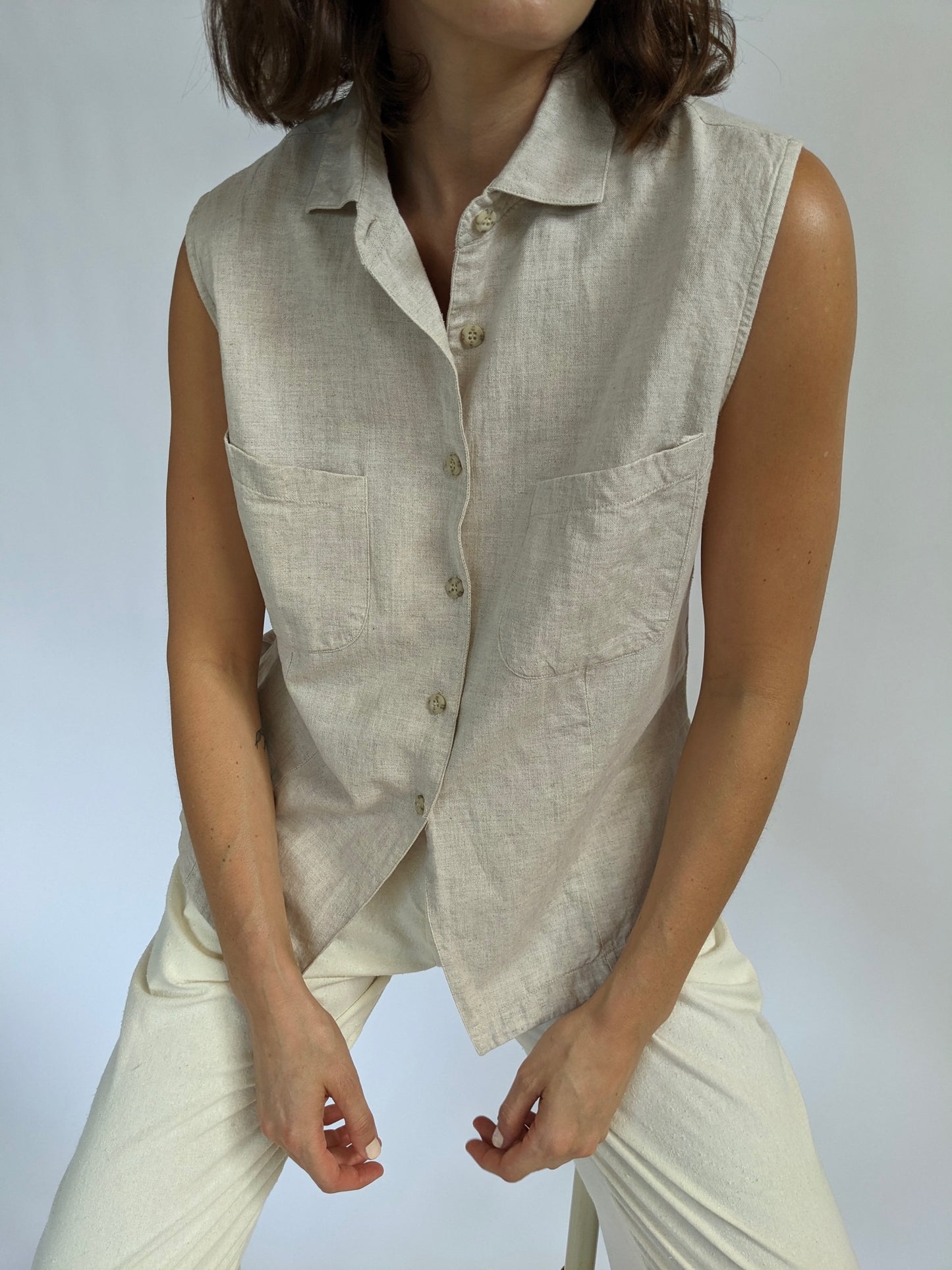 Vintage Oat Sleeveless Woven Linen Blouse