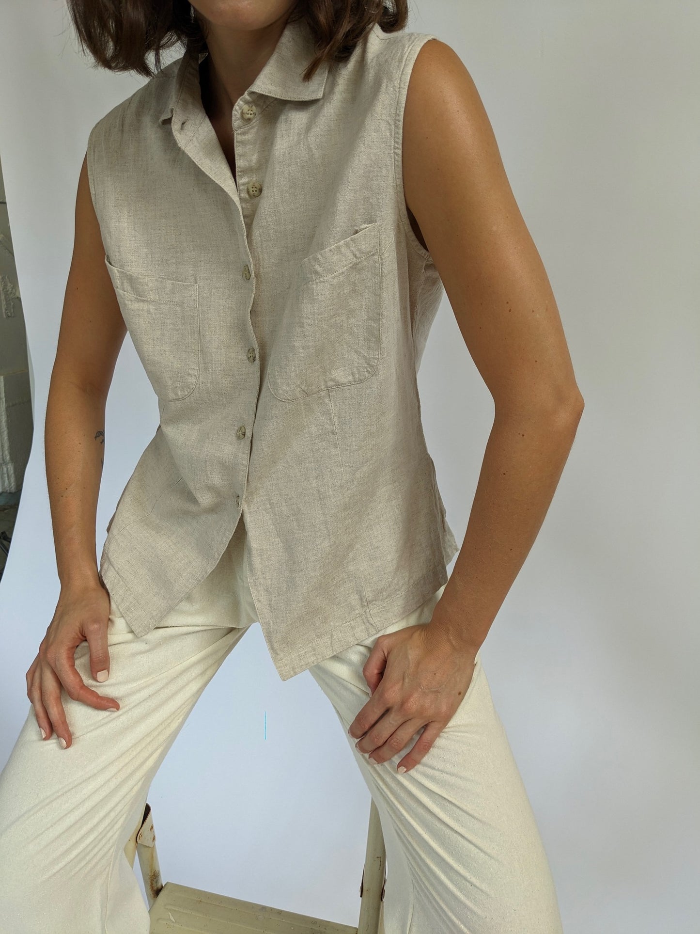 Vintage Oat Sleeveless Woven Linen Blouse