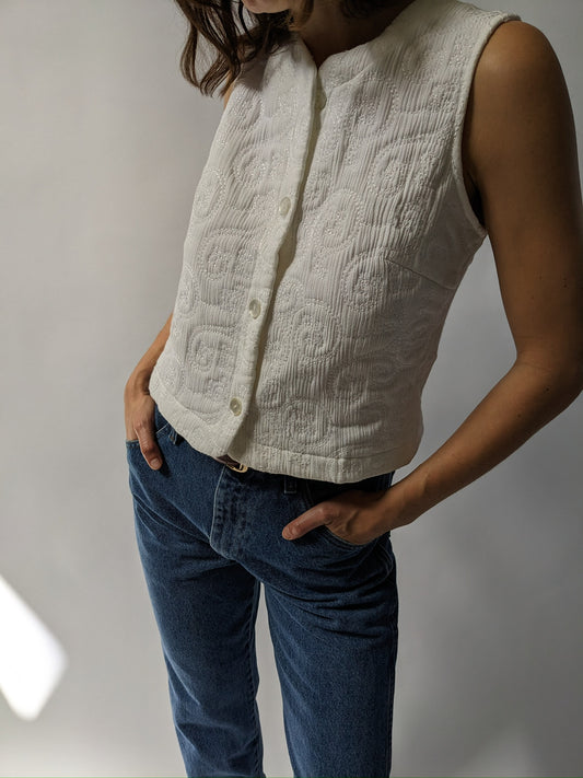 Vintage Ivory Embroidered Button Vest