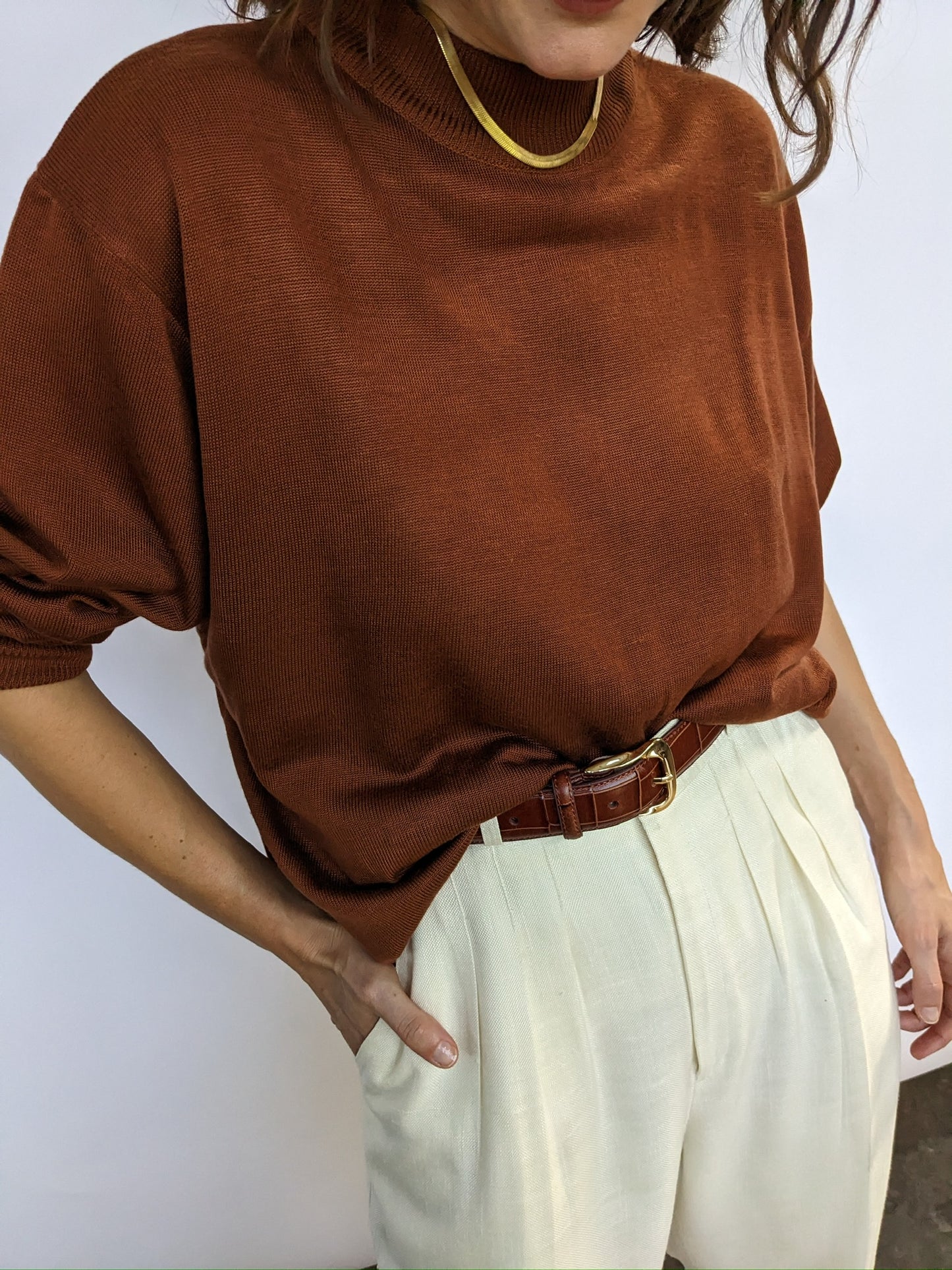 90s Clay Finely-Knit Mock Neck Sweater