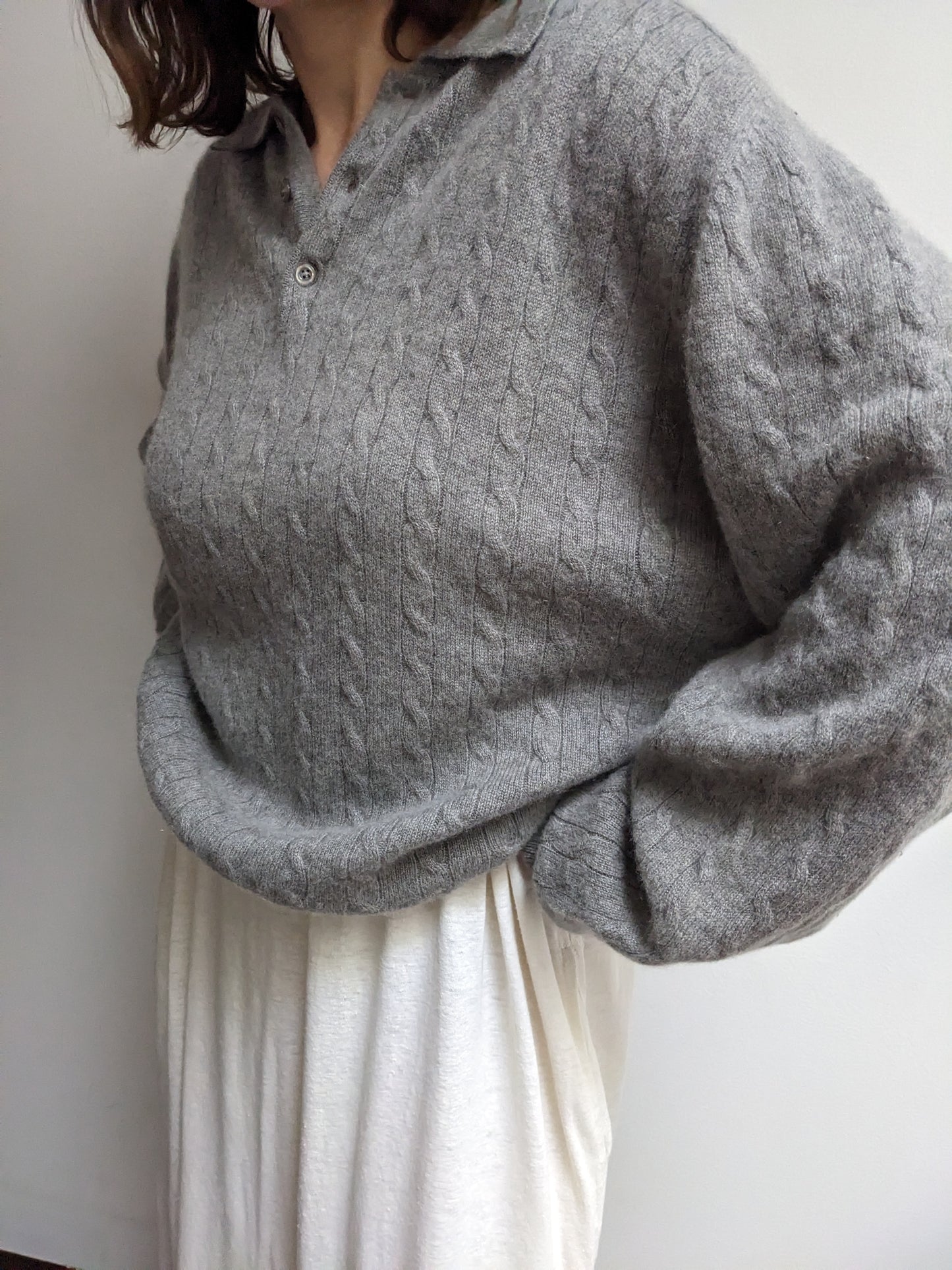 Vintage Cloud Grey Cable Knit Cashmere Henley