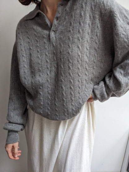 Vintage Cloud Grey Cable Knit Cashmere Henley