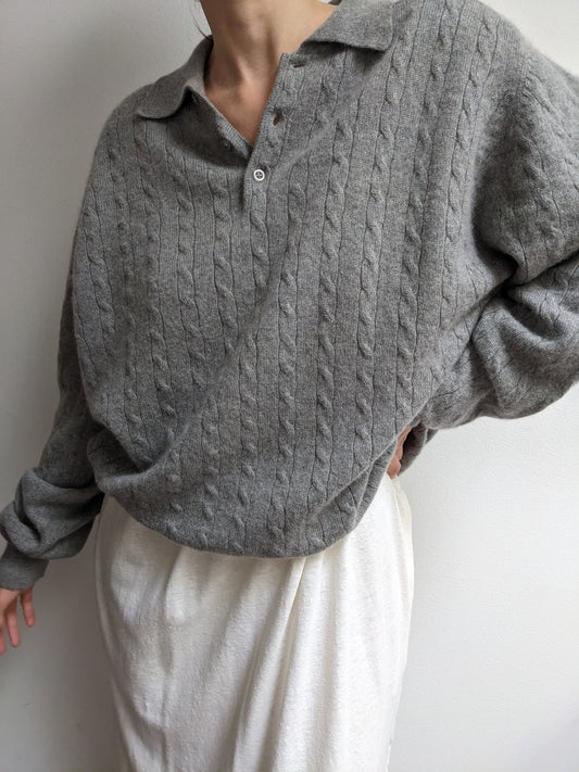 Vintage Cloud Grey Cable Knit Cashmere Henley