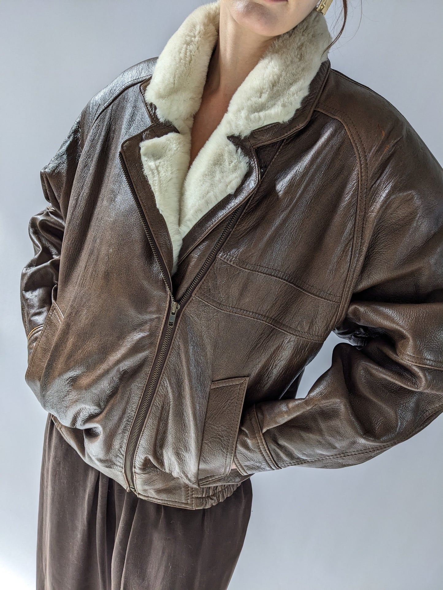 Incredible Vintage Leather & Faux Fur Flight Jacket