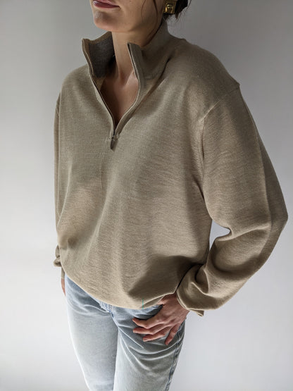 90s Taupe Merino Wool Quarter Zip Henley