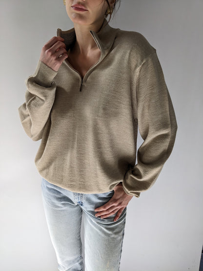 90s Taupe Merino Wool Quarter Zip Henley