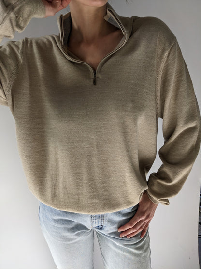 90s Taupe Merino Wool Quarter Zip Henley