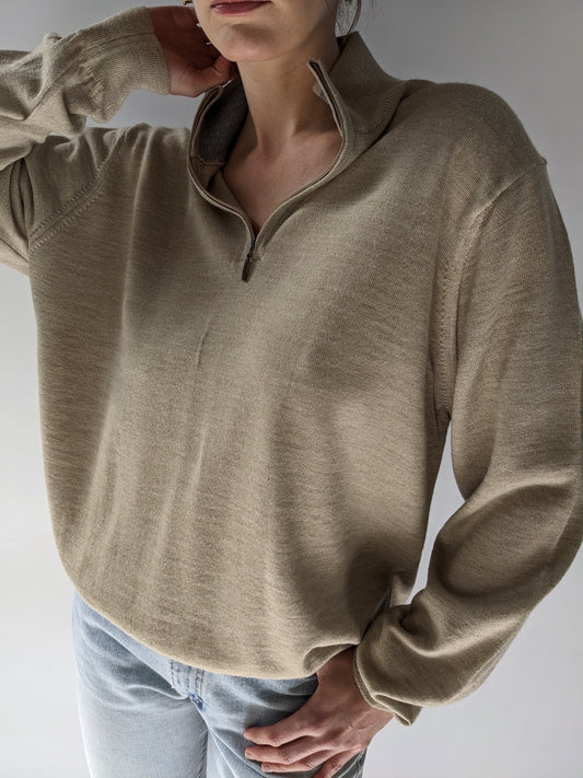 90s Taupe Merino Wool Quarter Zip Henley