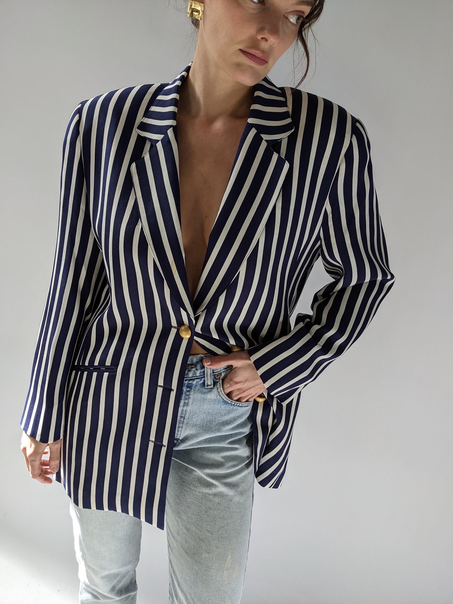 Favorite Vintage Navy & Ivory Striped Silk Blazer