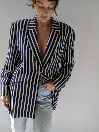 Favorite Vintage Navy & Ivory Striped Silk Blazer