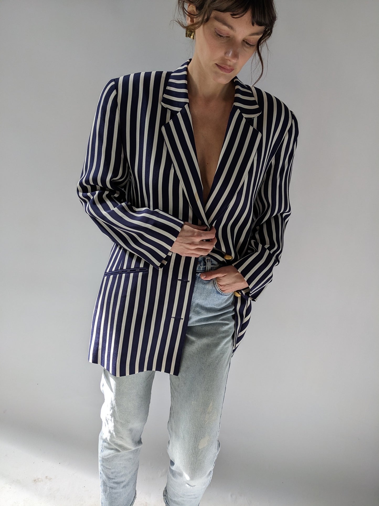 Favorite Vintage Navy & Ivory Striped Silk Blazer