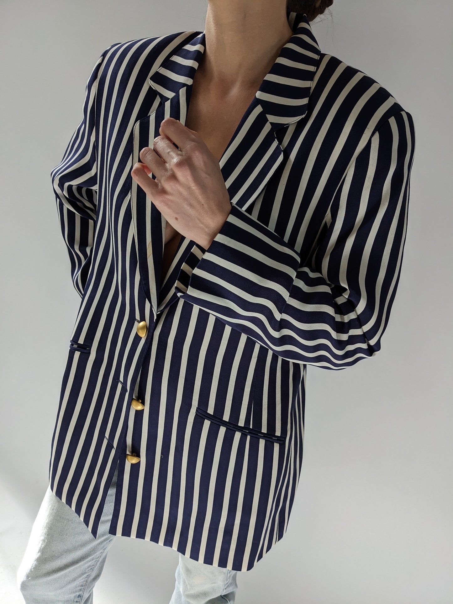 Favorite Vintage Navy & Ivory Striped Silk Blazer