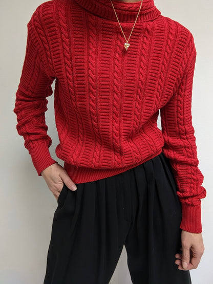 Vintage Cherry Cable Knit Cotton Mock Neck