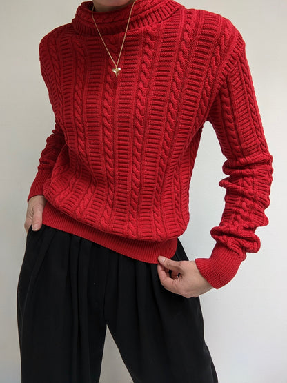 Vintage Cherry Cable Knit Cotton Mock Neck