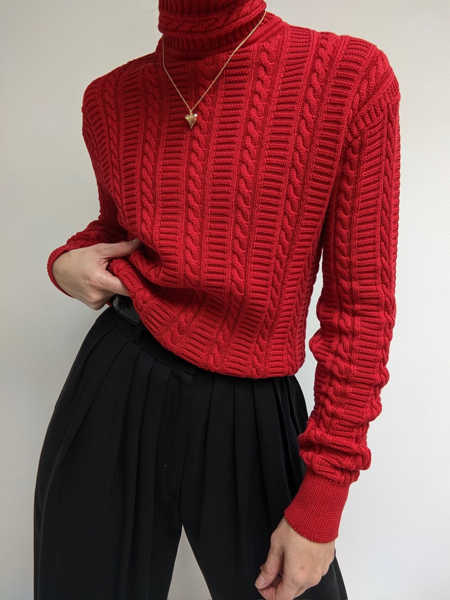 Vintage Cherry Cable Knit Cotton Mock Neck