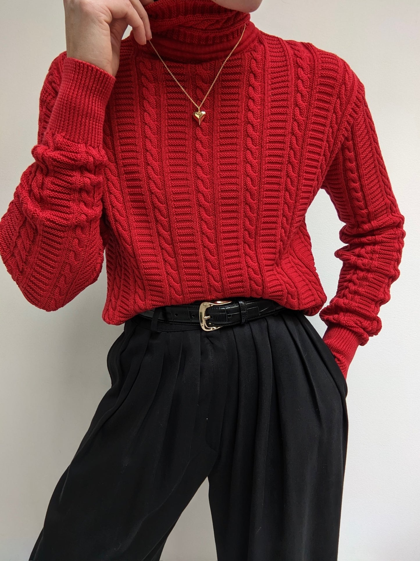 Vintage Cherry Cable Knit Cotton Mock Neck