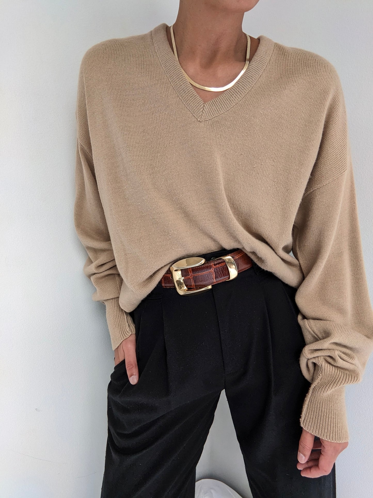 Beautiful Vintage Sand Wool V-Neck Knit