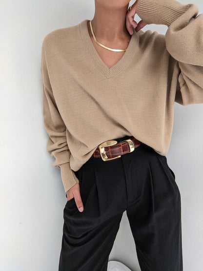 Beautiful Vintage Sand Wool V-Neck Knit