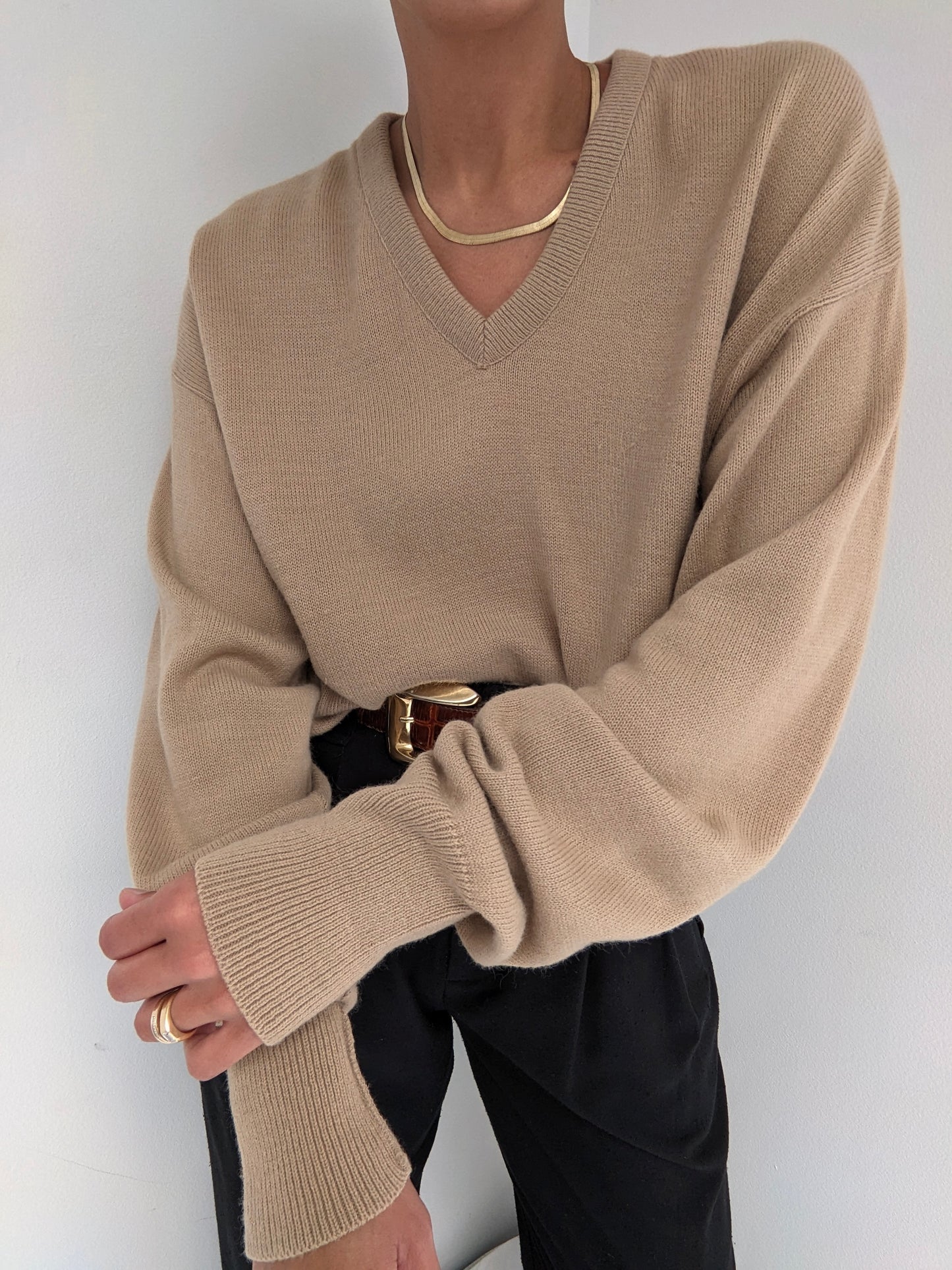 Beautiful Vintage Sand Wool V-Neck Knit