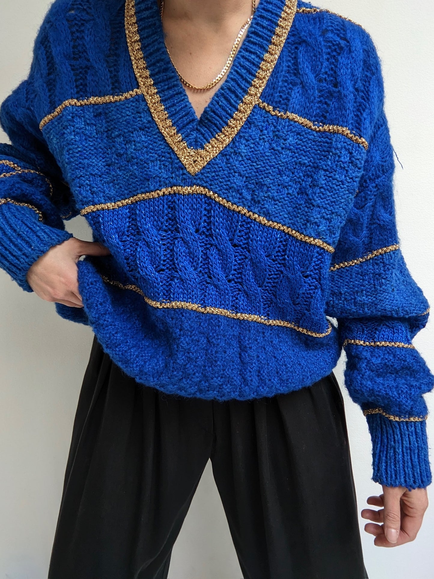 Favorite Vintage Cobalt & Gold V-Neck Sweater