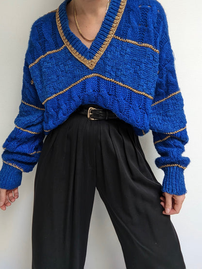 Favorite Vintage Cobalt & Gold V-Neck Sweater