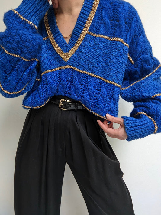 Favorite Vintage Cobalt & Gold V-Neck Sweater