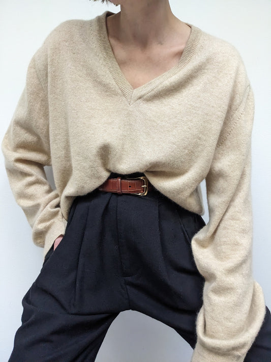 Sand Cashmere V-Neck Sweater