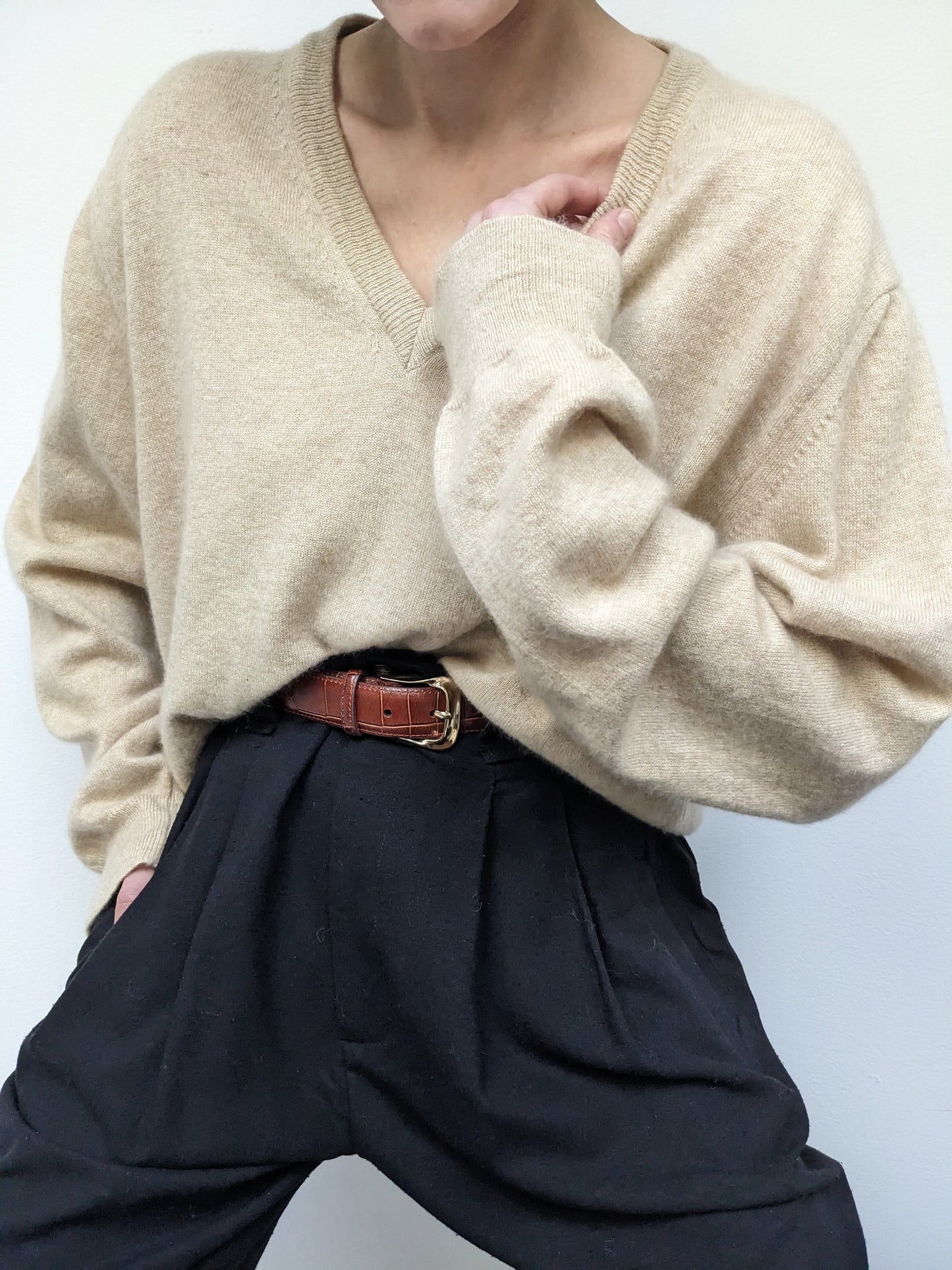 Sand Cashmere V-Neck Sweater