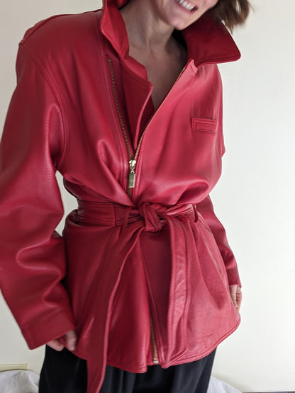 Absolute Favorite Cherry Red Belted Lambskin Jacket