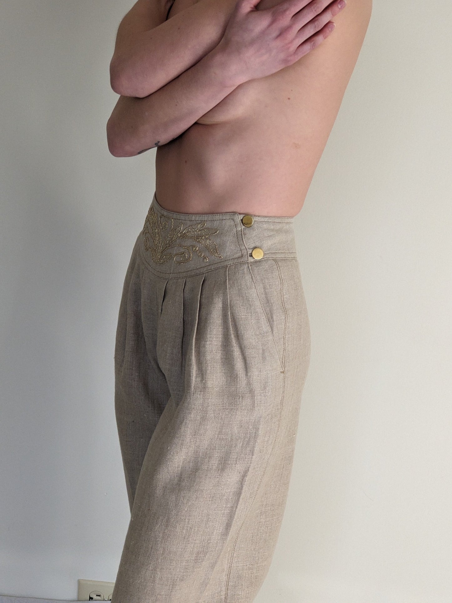 Beautiful Embellished Oat Linen Pants