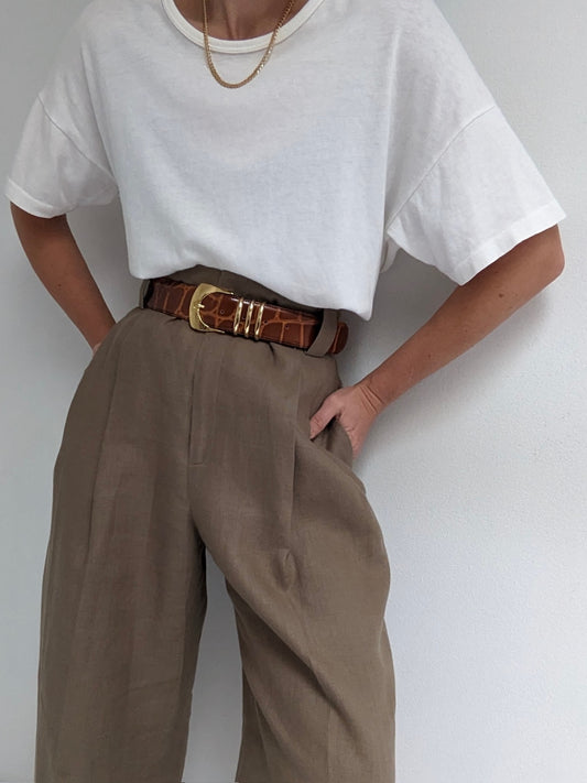 Vintage Olive Linen Pleated Trousers