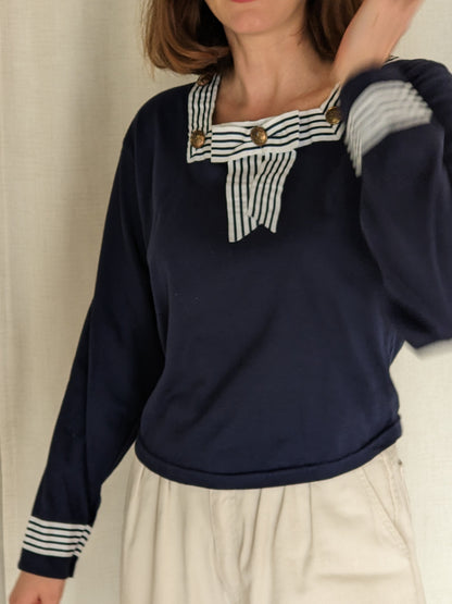 Beautiful Vintage Navy & Ivory Trimmed Cardigan Set