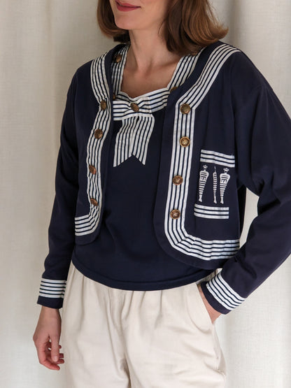 Beautiful Vintage Navy & Ivory Trimmed Cardigan Set