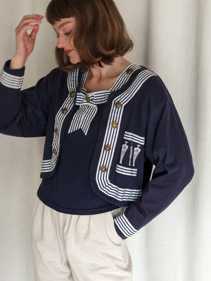 Beautiful Vintage Navy & Ivory Trimmed Cardigan Set