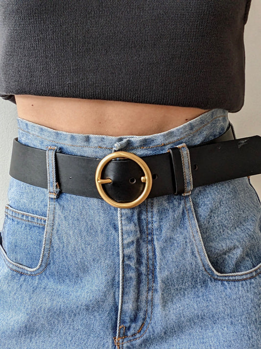 Vintage Smooth Black Leather & Solid Brass Belt