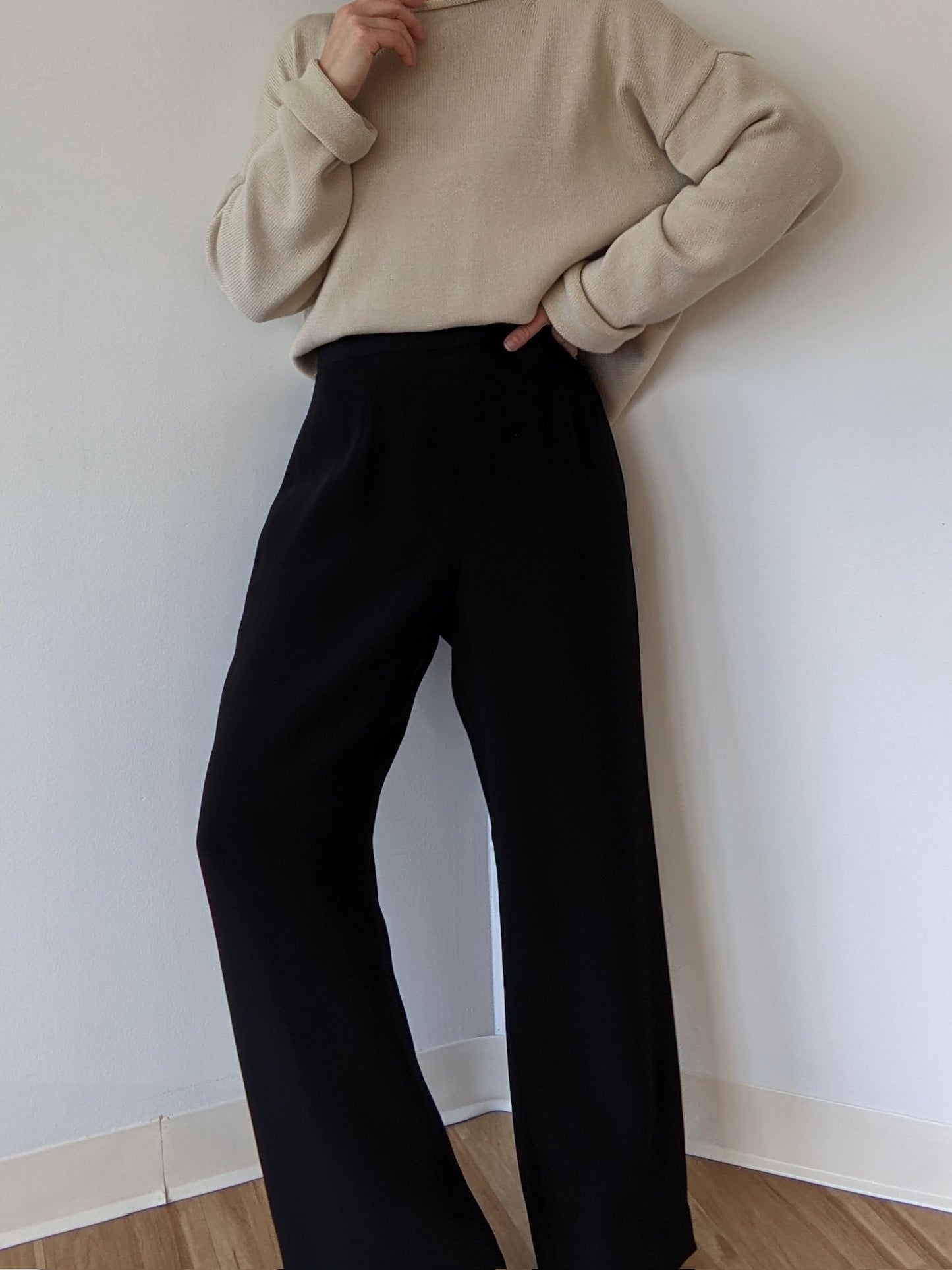 Vintage Ink Black Satin Wide-Leg Pants