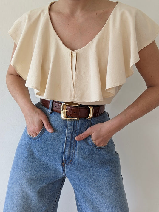 Vintage Cream Raw Silk Ruffled Top