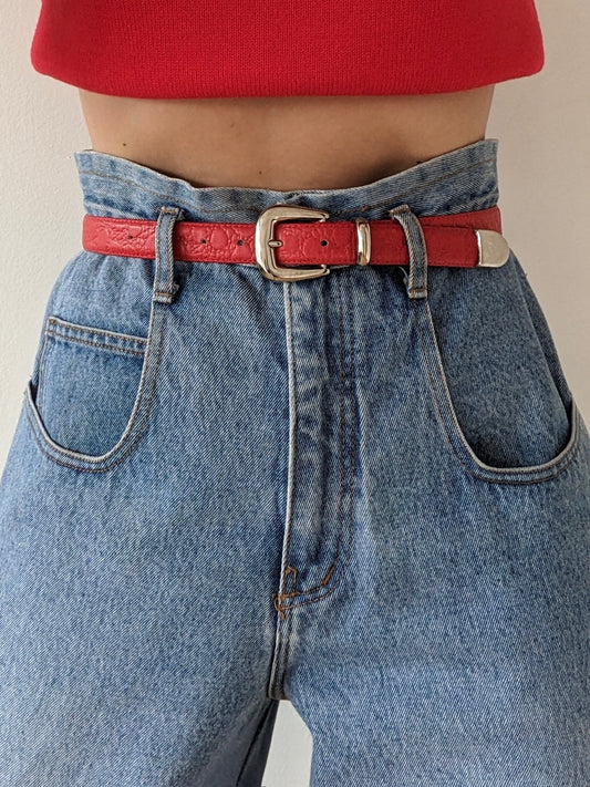 Vintage Cherry Red Embossed Leather Belt