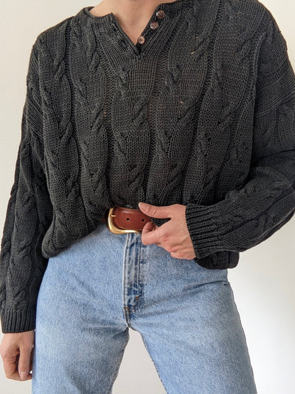 Vintage Faded Black Cable Knit Henley