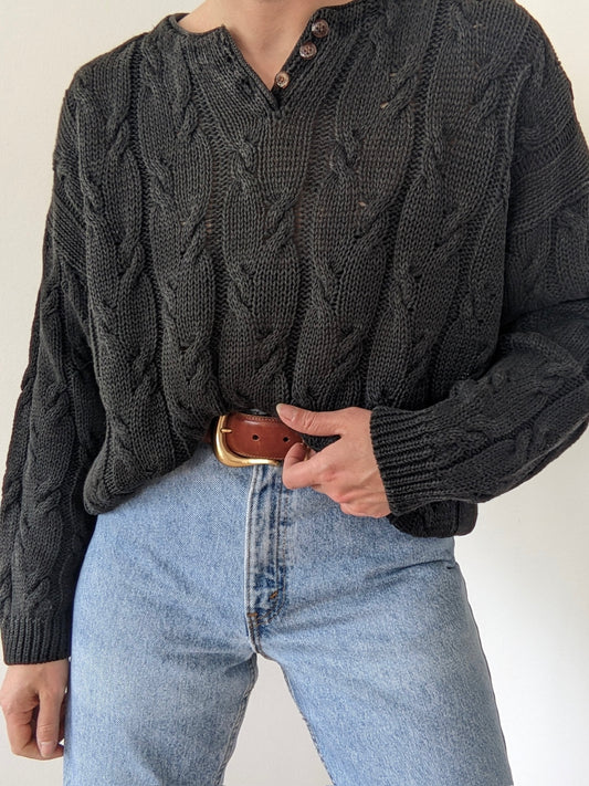 Vintage Faded Black Cable Knit Henley