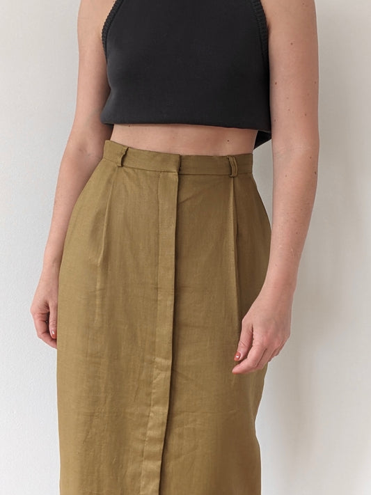 Vintage Pleated Olive Linen Skirt