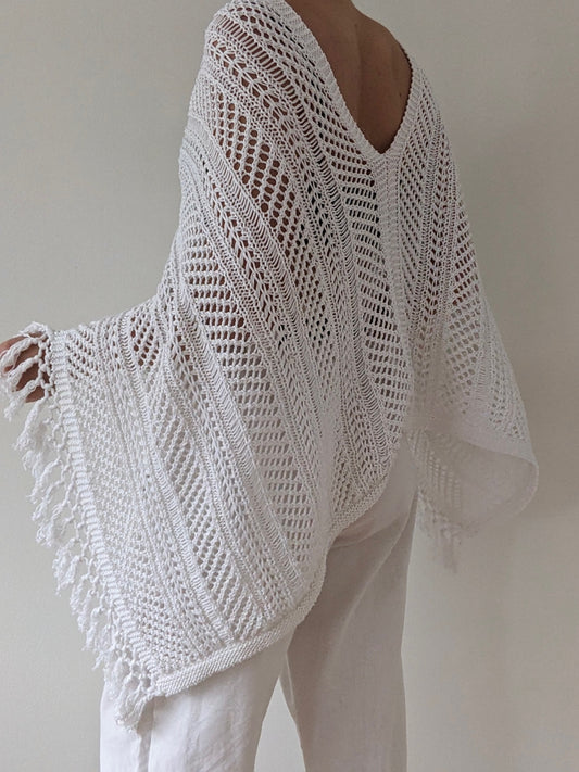 Stunning Ivory Crocheted Tassel Poncho