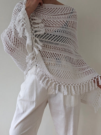 Stunning Ivory Crocheted Tassel Poncho