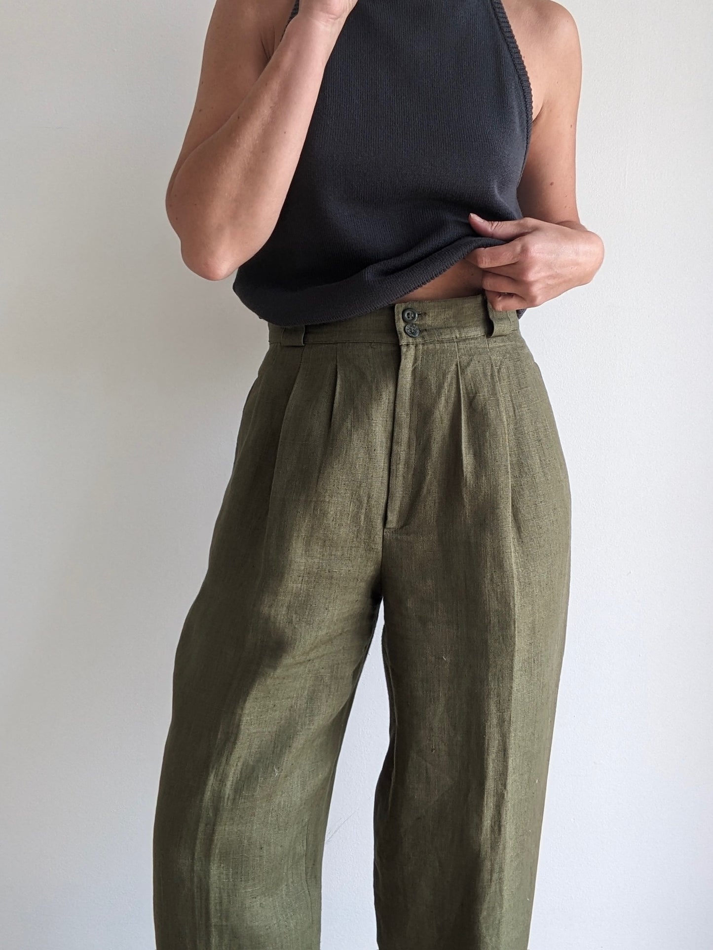 Beautiful Vintage Olive Pleated Linen Trousers