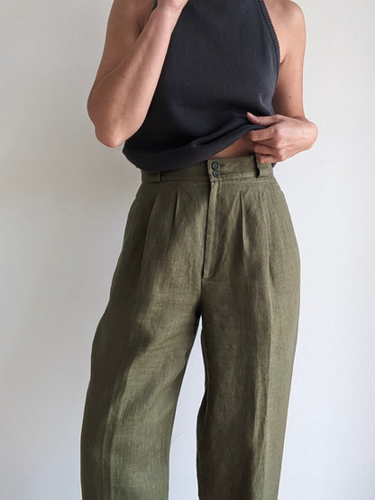 Beautiful Vintage Olive Pleated Linen Trousers