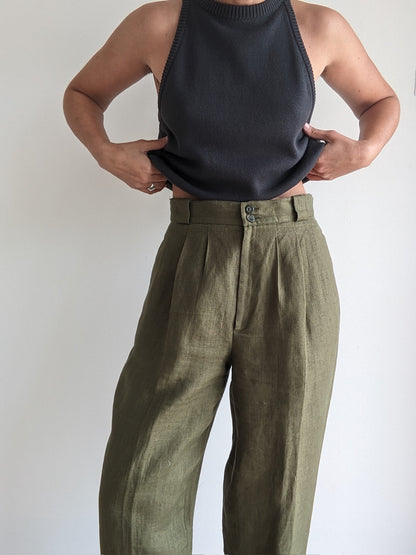 Beautiful Vintage Olive Pleated Linen Trousers