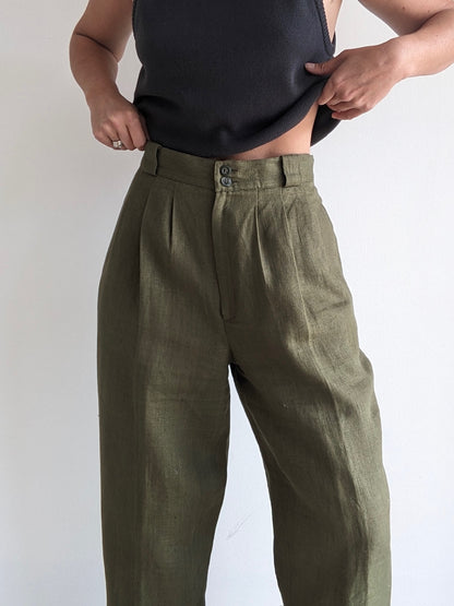 Beautiful Vintage Olive Pleated Linen Trousers