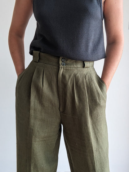 Beautiful Vintage Olive Pleated Linen Trousers